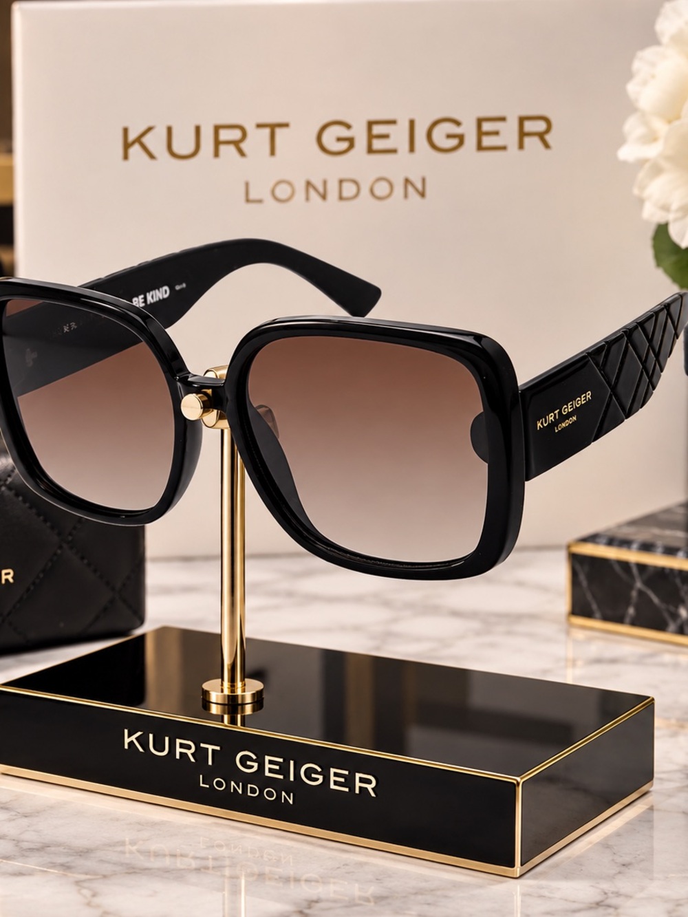 Kurt Geiger Black Square Frame Sunglasses with Brown Gradient Lenses